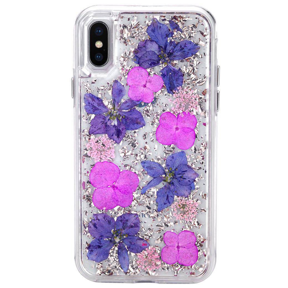 iPhone Xr 6.1in Luxury Glitter Dried Natural FLOWER Petal Clear Hybrid Case (Rose Gold Purple)